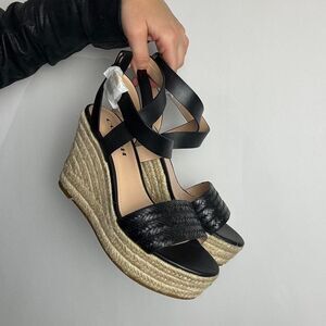 Coach Isabela Black Leather and Woven Wedge Sandals
